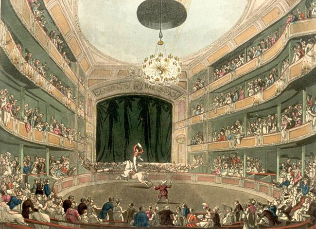 Astley's Ampitheatre in London as drawn by Thomas Rowlandson and Augustus Pugin for Ackermann's Microcosm of London (1808-11).