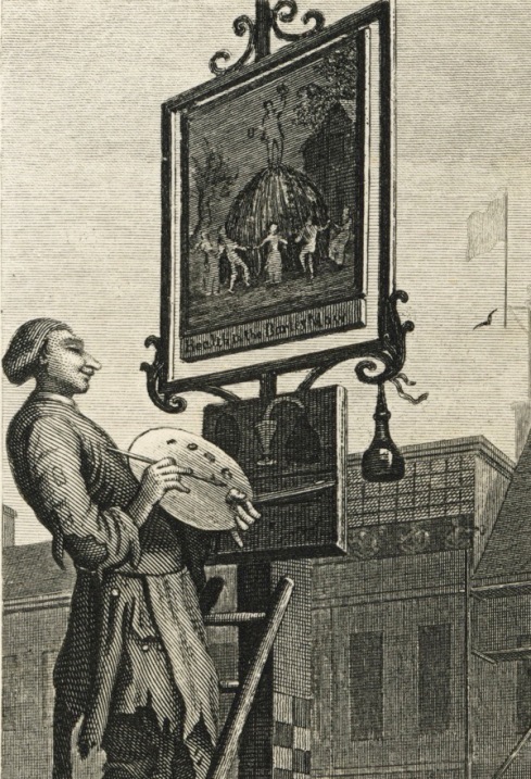 Sign painter in Beer St by William Hogarth, 1751